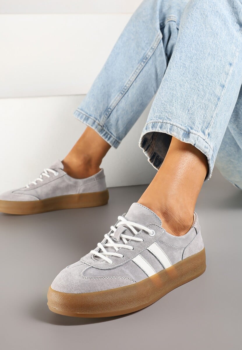 Szare Sneakersy Klasyczne Tenisówki ze Skóry Naturalnej Alotia 2