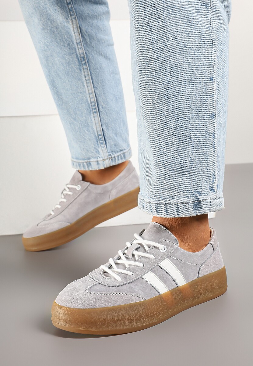 Szare Sneakersy Klasyczne Tenisówki ze Skóry Naturalnej Alotia 3