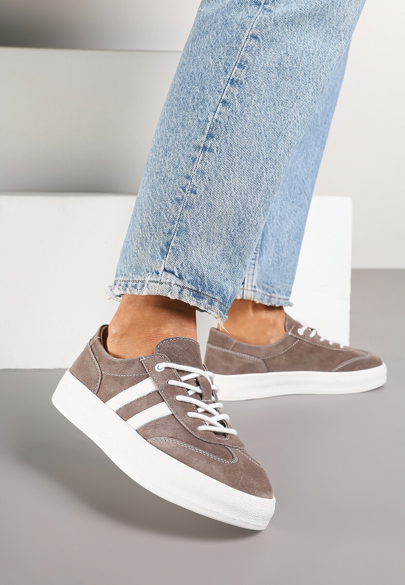 Brązowe Sneakersy Tenisówki ze Skóry Naturalnej na Niskiej Platformie Eleadria 1