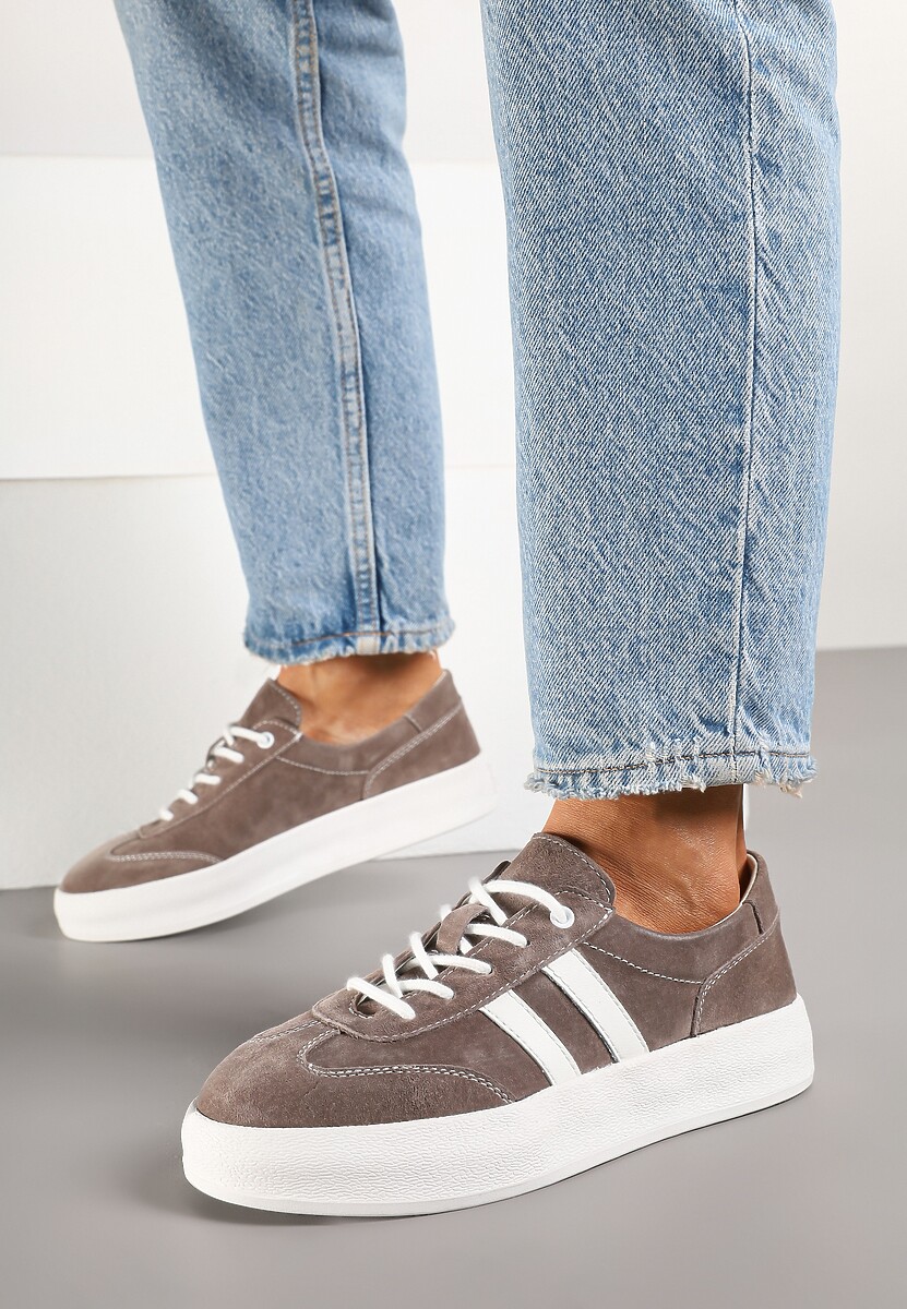 Brązowe Sneakersy Tenisówki ze Skóry Naturalnej na Niskiej Platformie Eleadria 2