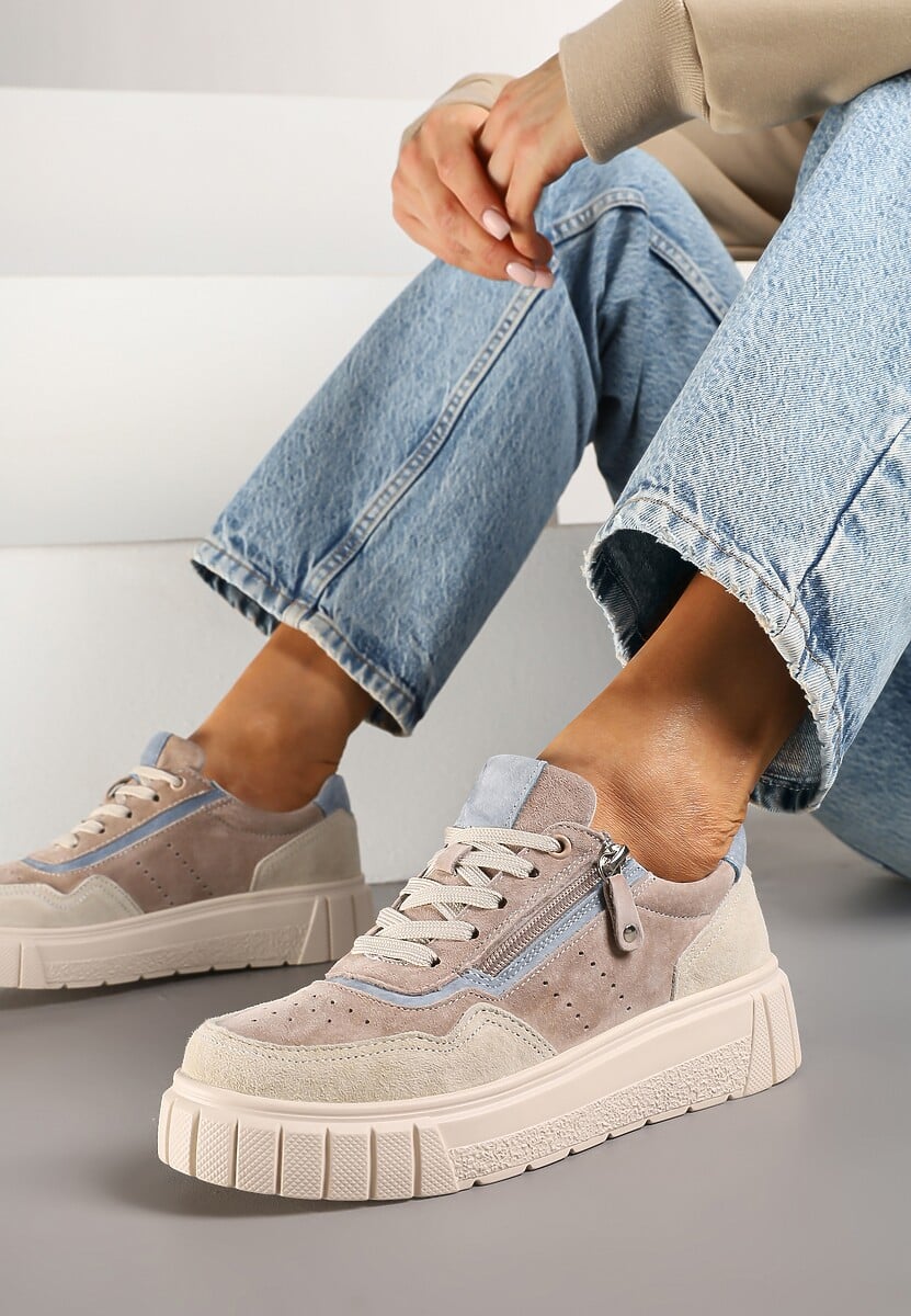 Beżowo-Niebieski Streetwearowe Sneakersy ze Skóry Naturalnej z Ozdobnym Suwakiem Eleavenna 2