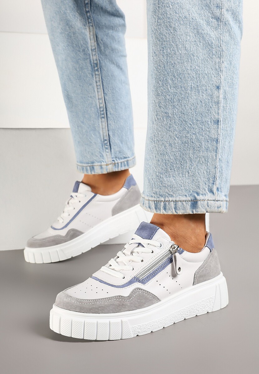 Biało-Szare Streetwearowe Sneakersy ze Skóry Naturalnej z Ozdobnym Suwakiem Eleavenna 1