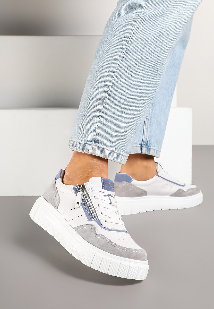 Biało-Szare Streetwearowe Sneakersy ze Skóry Naturalnej z Ozdobnym Suwakiem Eleavenna 2