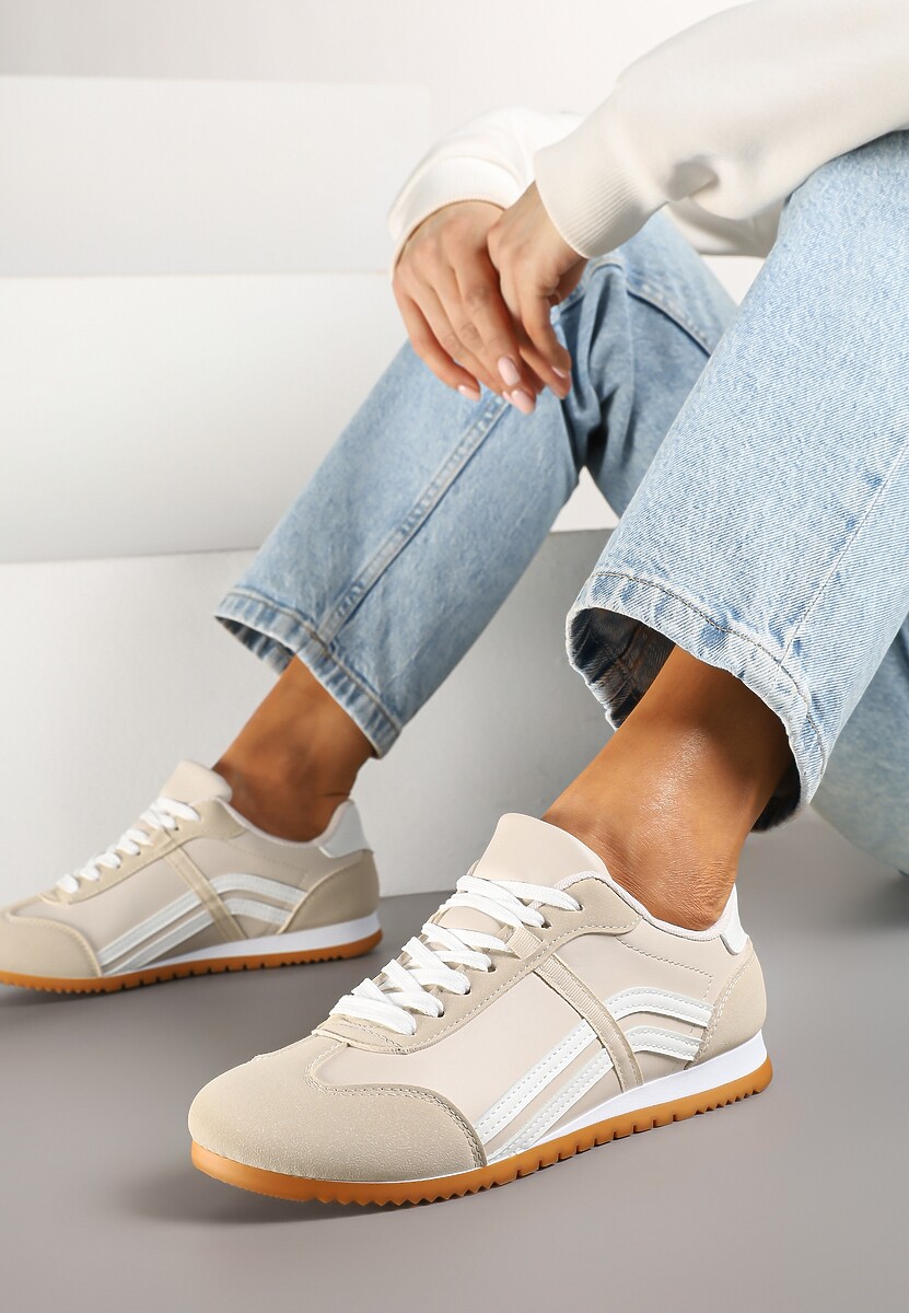 Beżowe Sneakersy Klasyczne Tenisówki Zdobione Przeszyciami Ellexia 1