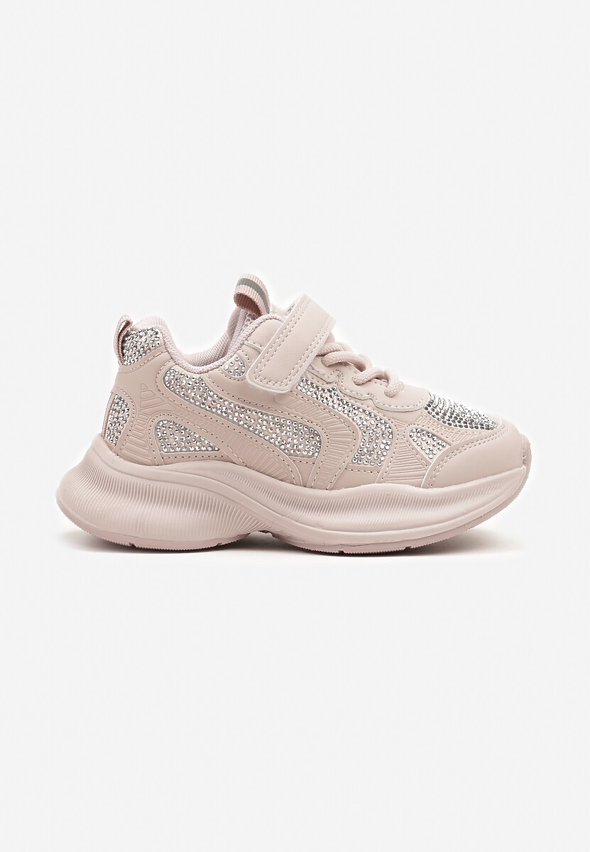 Różowe Buty Sportowe Sneakersy z Cyrkoniami i Rzepem Reiriel 1