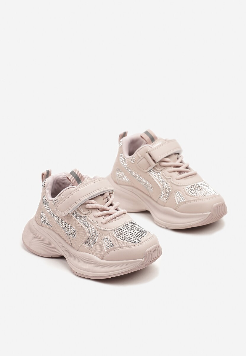 Różowe Buty Sportowe Sneakersy z Cyrkoniami i Rzepem Reiriel 2