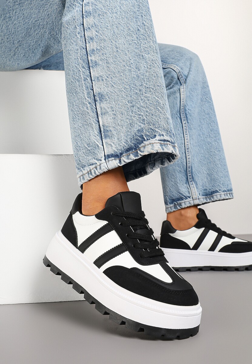 Czarno-Białe Sneakersy na Tłoczonej Platformie z Ozdobnymi Paskami Fonivena 1