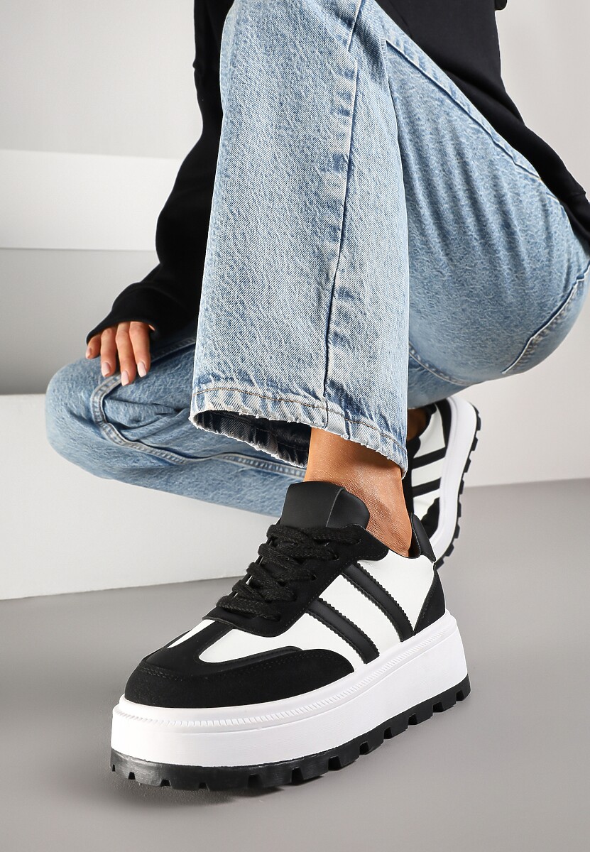 Czarno-Białe Sneakersy na Tłoczonej Platformie z Ozdobnymi Paskami Fonivena 2