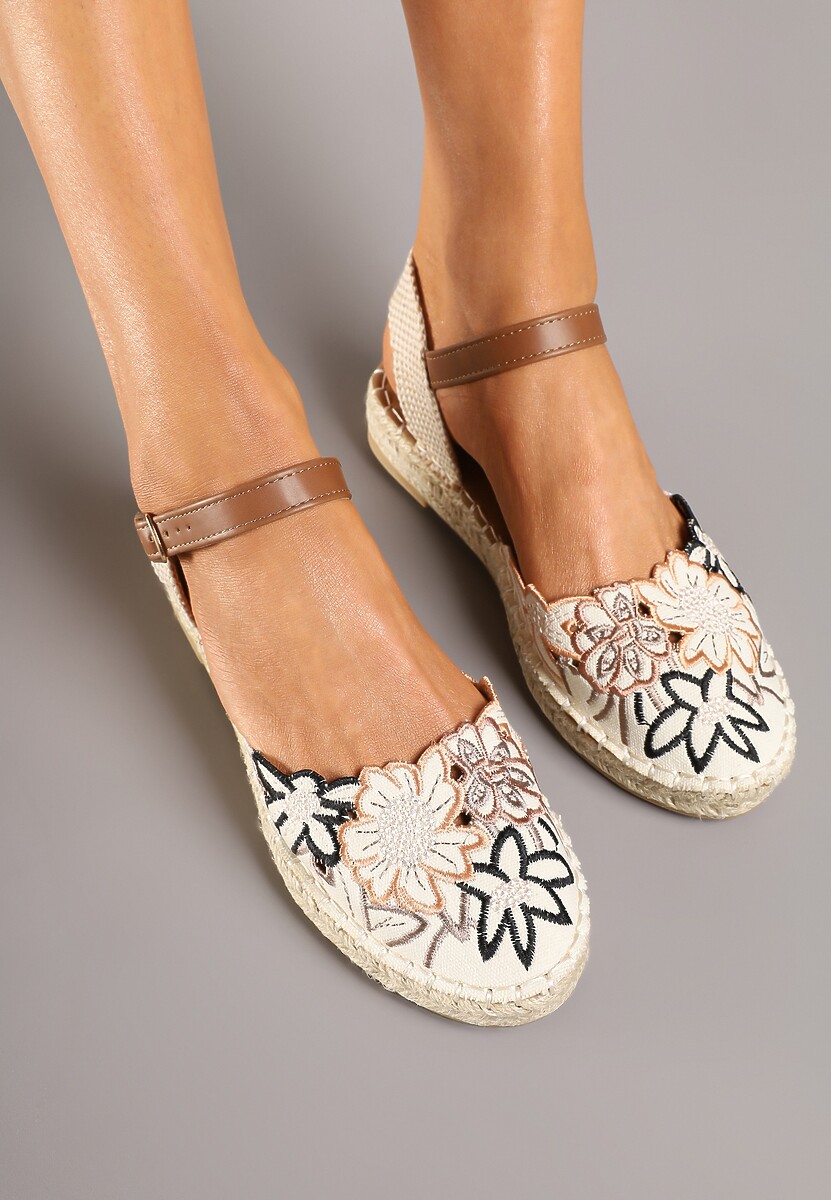 Beżowo-Brązowe Sandały w Stylu Espadryli z Plecionką i Haftem Lealisse 3