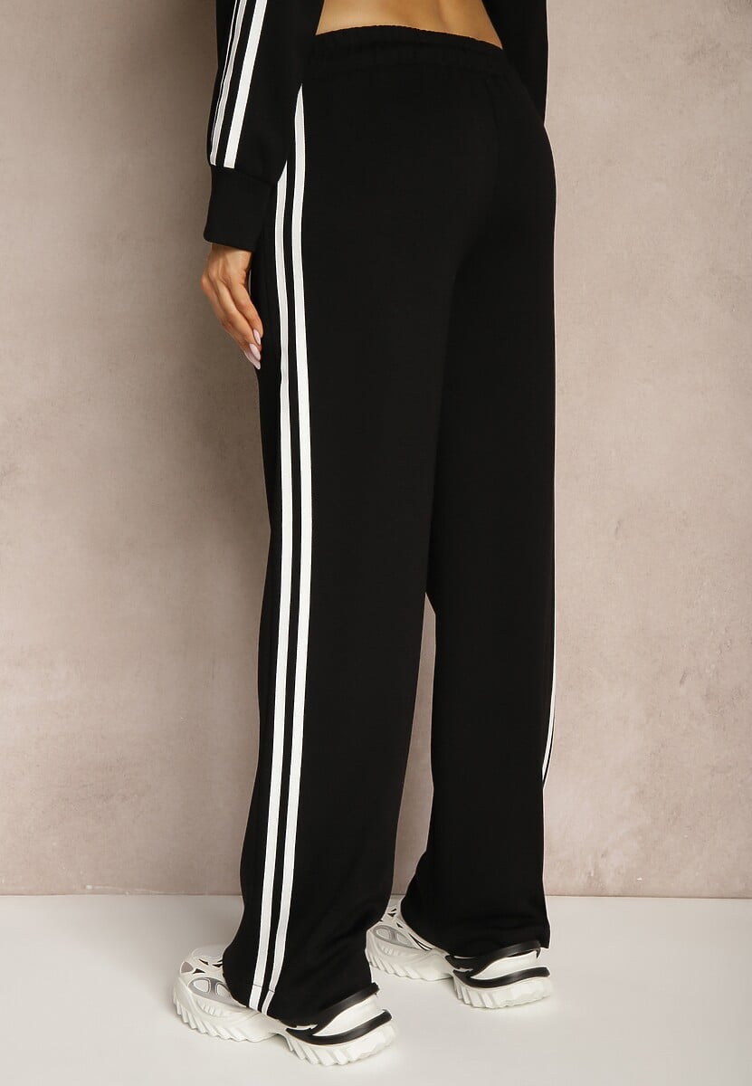 Czarne Spodnie Dresowe Szerokie z Wiskozą Lampasami i Wiązaniem Fenadis 3