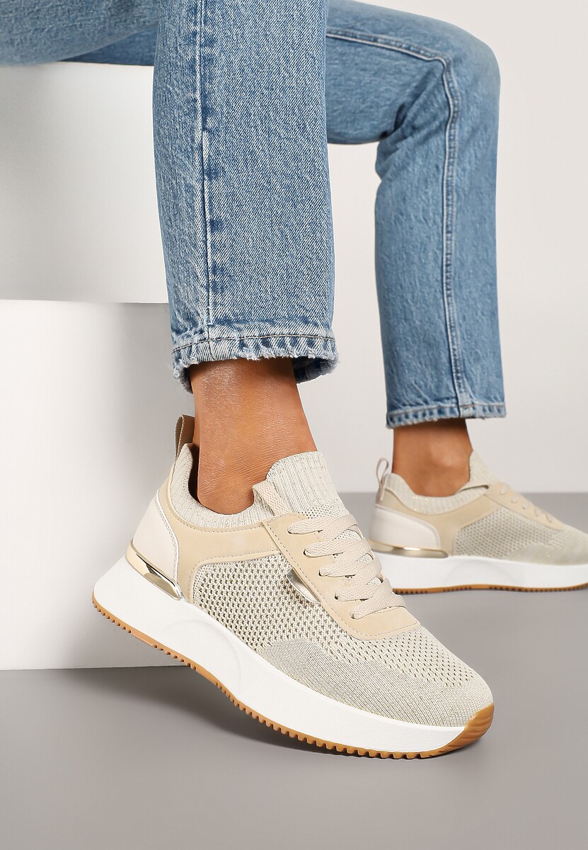 Beżowe Sneakersy z Siateczkową Cholewką Saramis 1