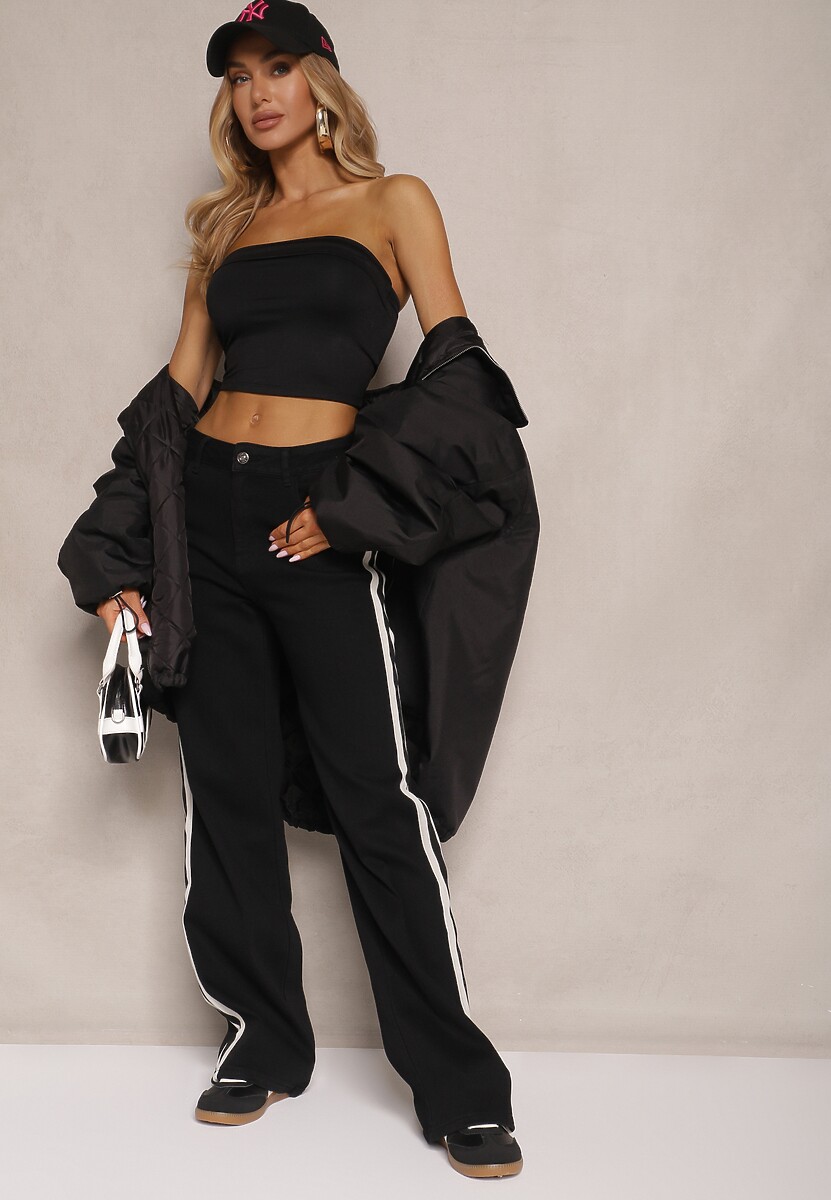 Czarne Jeansy High Waist o Szerokim Kroju z Ozdobnymi Lampasami Ulivira 2