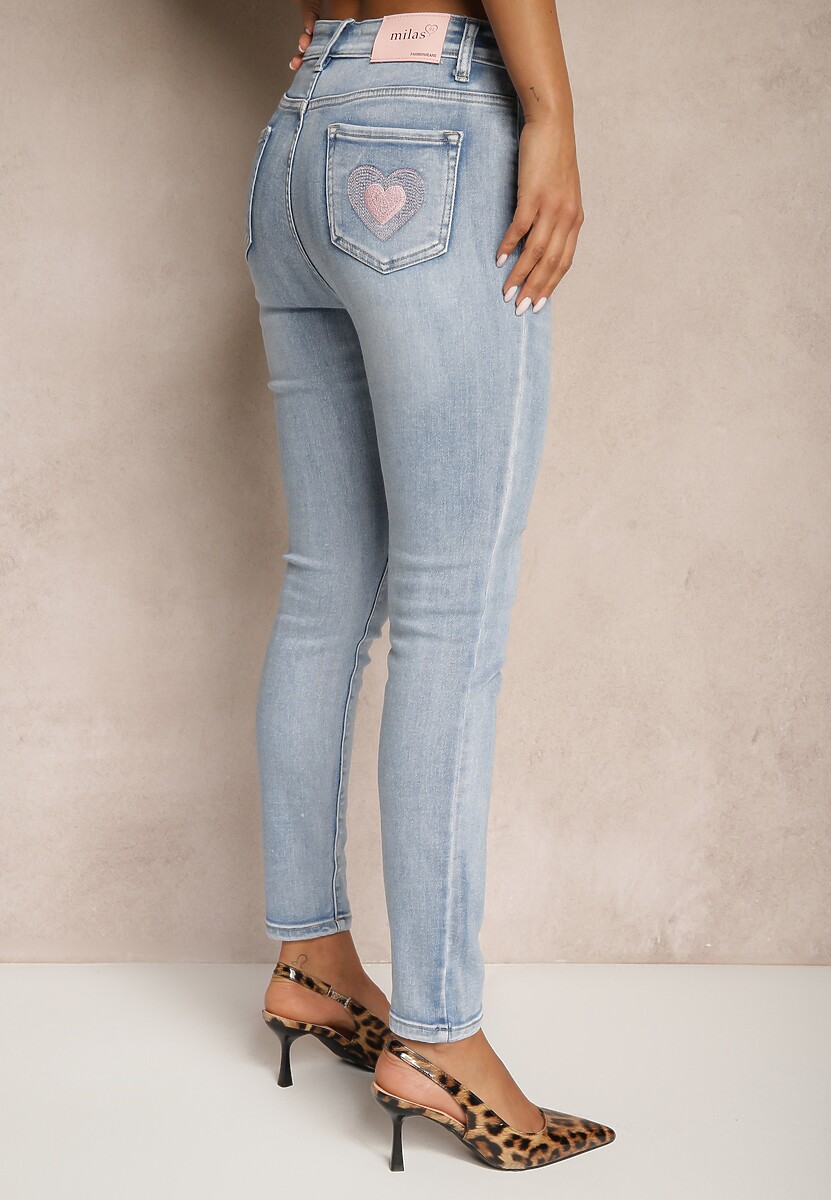 Niebieskie Jeansy Slim High Waist z Haftem na Tylnej Kieszeni Adinaria 3