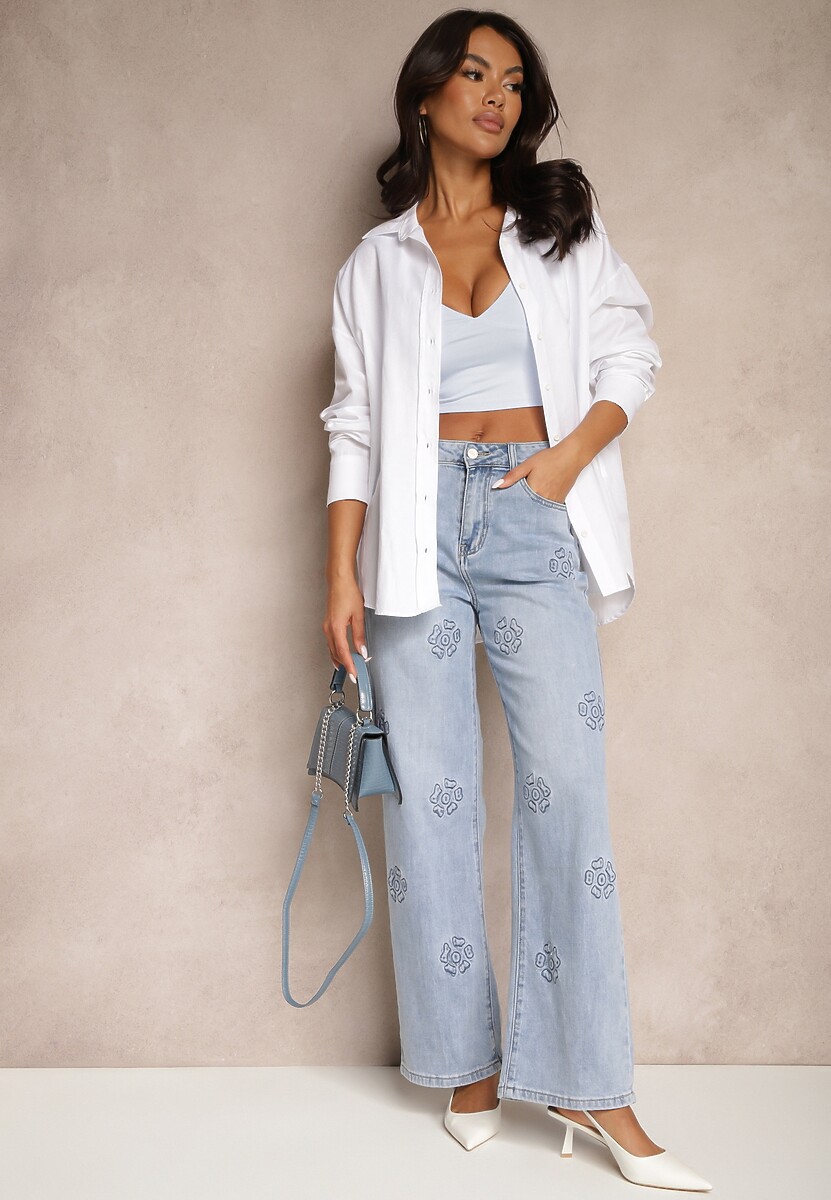 Niebieskie Szerokie Jeansy High Waist Zdobione Wzorem w Kwiaty Firedis 2
