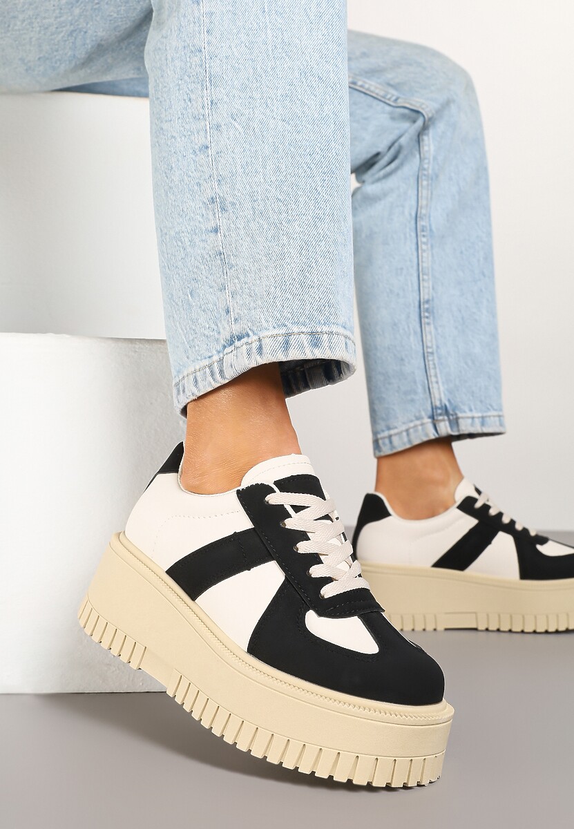 Czarno-Beżowe Sneakersy Typu Tenisówki na Żłobionej Platformie Lorreia 1