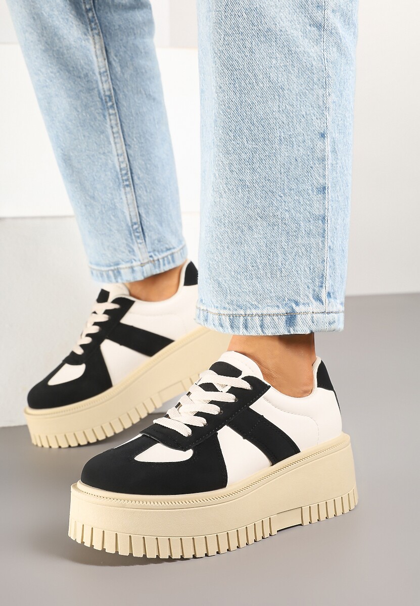 Czarno-Beżowe Sneakersy Typu Tenisówki na Żłobionej Platformie Lorreia 2