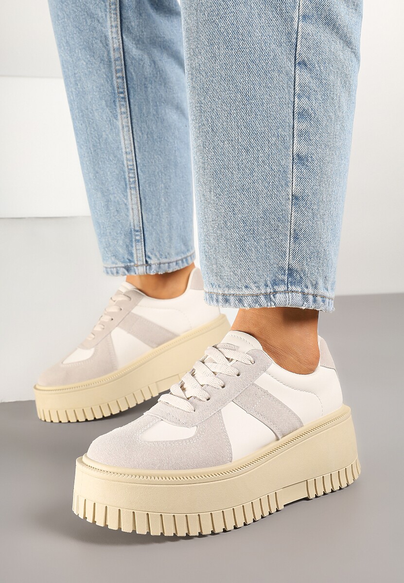 Beżowo-Szare Sneakersy Typu Tenisówki na Żłobionej Platformie Lorreia 2