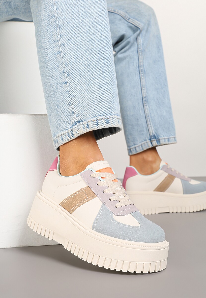 Beżowo-Niebieskie Sneakersy Typu Tenisówki na Żłobionej Platformie Lorreia 1