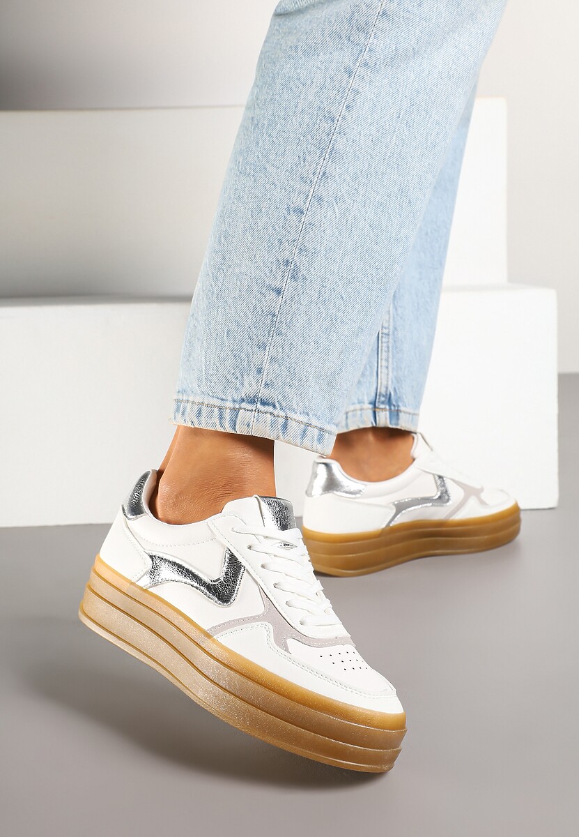 Biało-Srebrne Sneakersy Klasyczne Tenisówki na Tłoczonej Platformie Melvesia 2