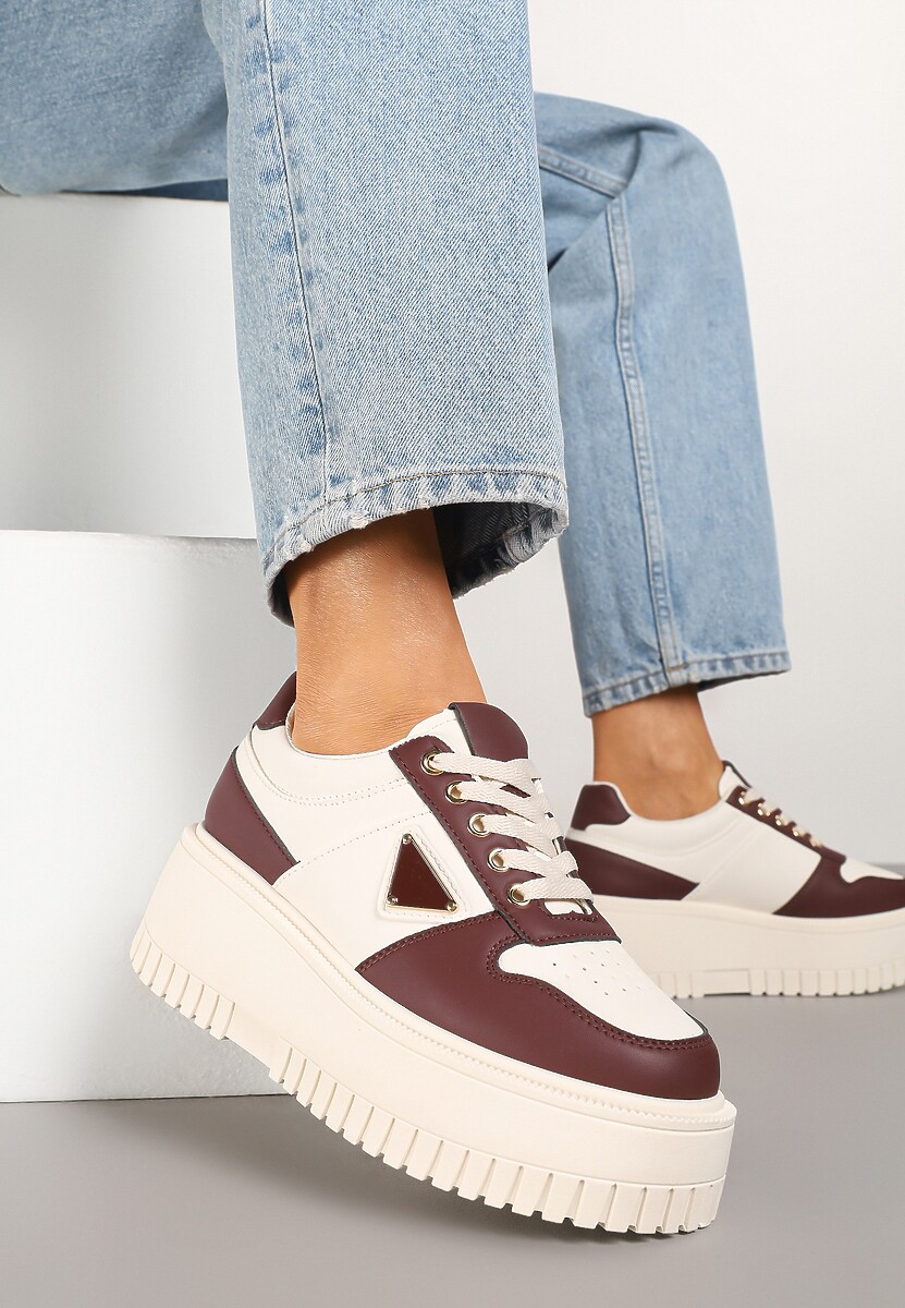 Beżowo-Bordowe Sneakersy na Platformie z Tłoczeniem Halinea 1