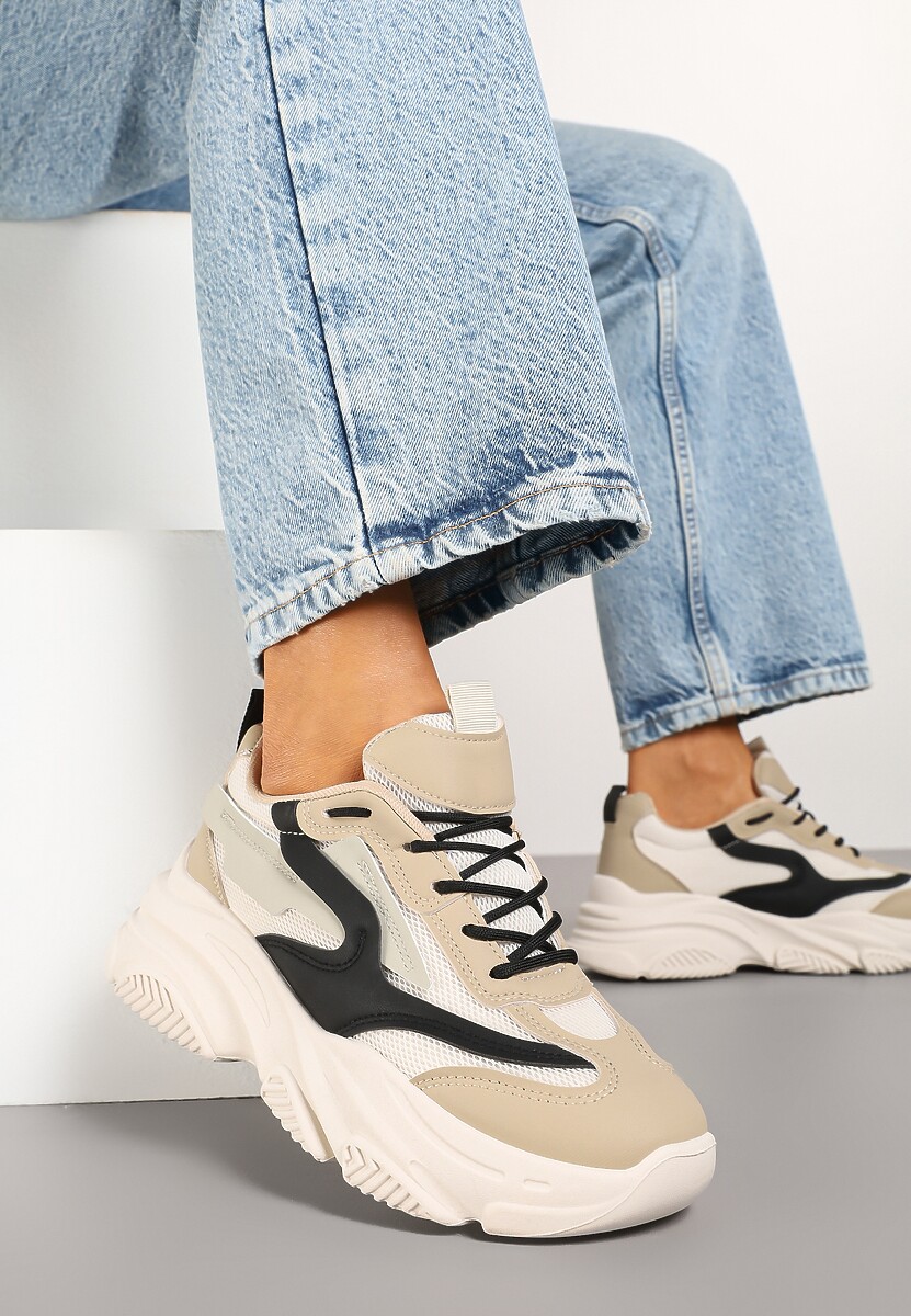 Beżowo-Czarne Sneakersy na Tłoczonej Platformie z Geometrycznym Wzorem Fonetha 1