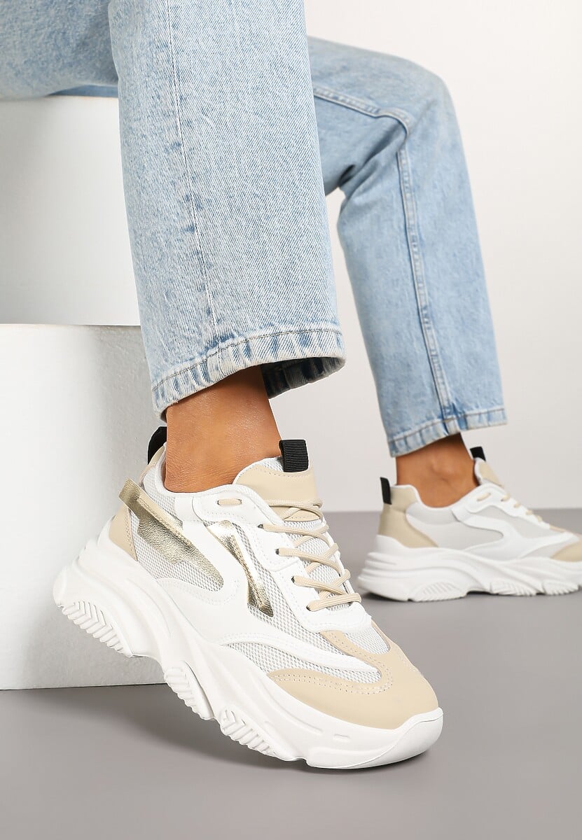 Biało-Beżowe Sneakersy na Tłoczonej Platformie z Geometrycznym Wzorem Fonetha 2