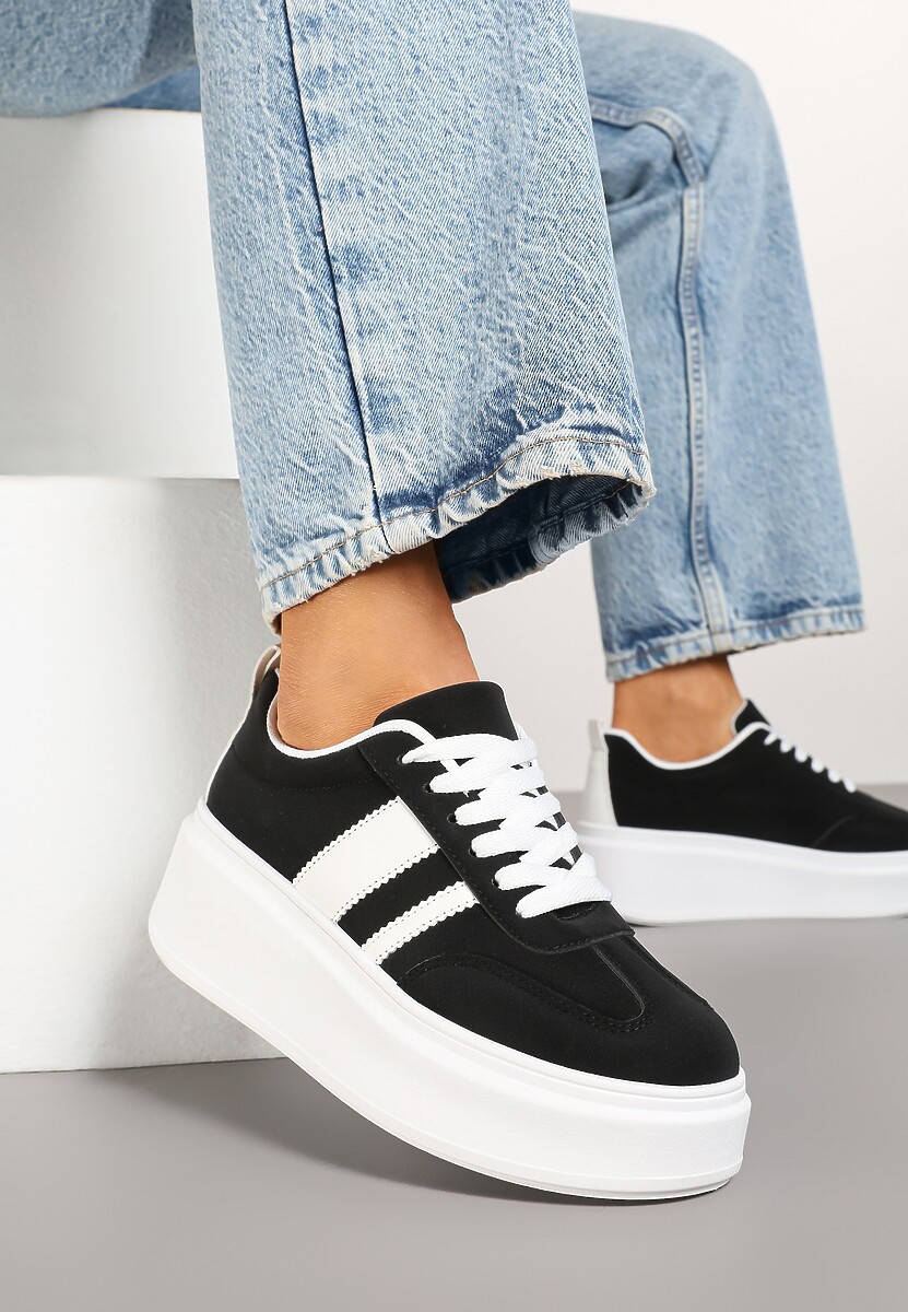 Czarne Sneakersy Klasyczne Tenisówki na Grubej Podeszwie z Koturnem Adessia 2
