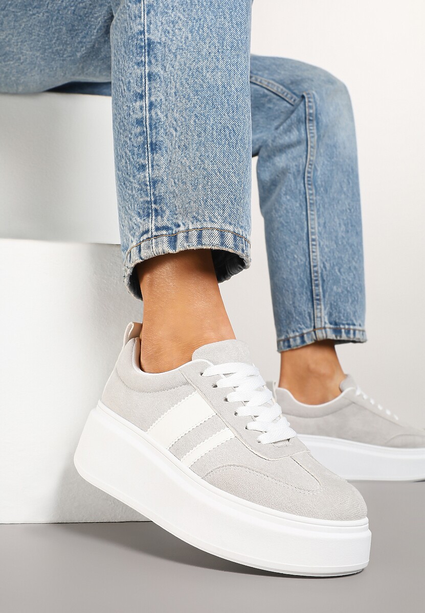 Szare Sneakersy Klasyczne Tenisówki na Grubej Podeszwie z Koturnem Adessia 1