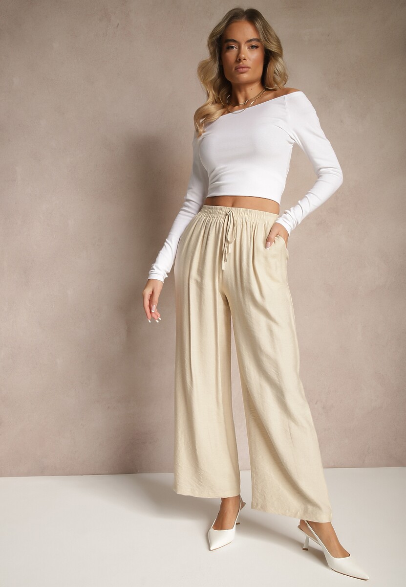Beżowe Spodnie o Szerokim Kroju High Waist z Wiązaniem Fenalin 1