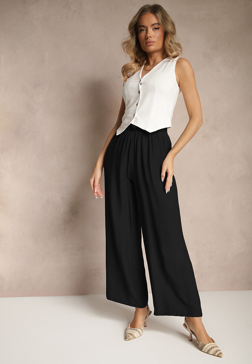 Czarne Spodnie o Szerokim Kroju High Waist z Wiązaniem Fenalin 1