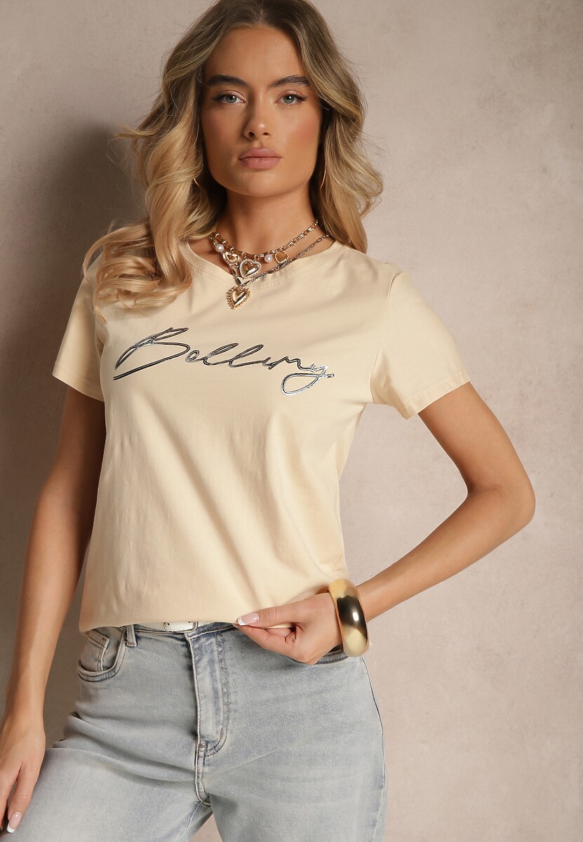 Beżowy T-shirt z Bawełny z Napisem Zelreti 1
