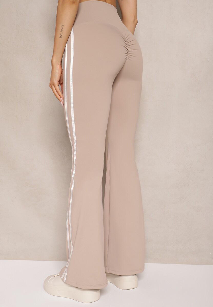 Beżowe Legginsy Flare High Waist z Marszczeniem i Lampasami Kirsena 3