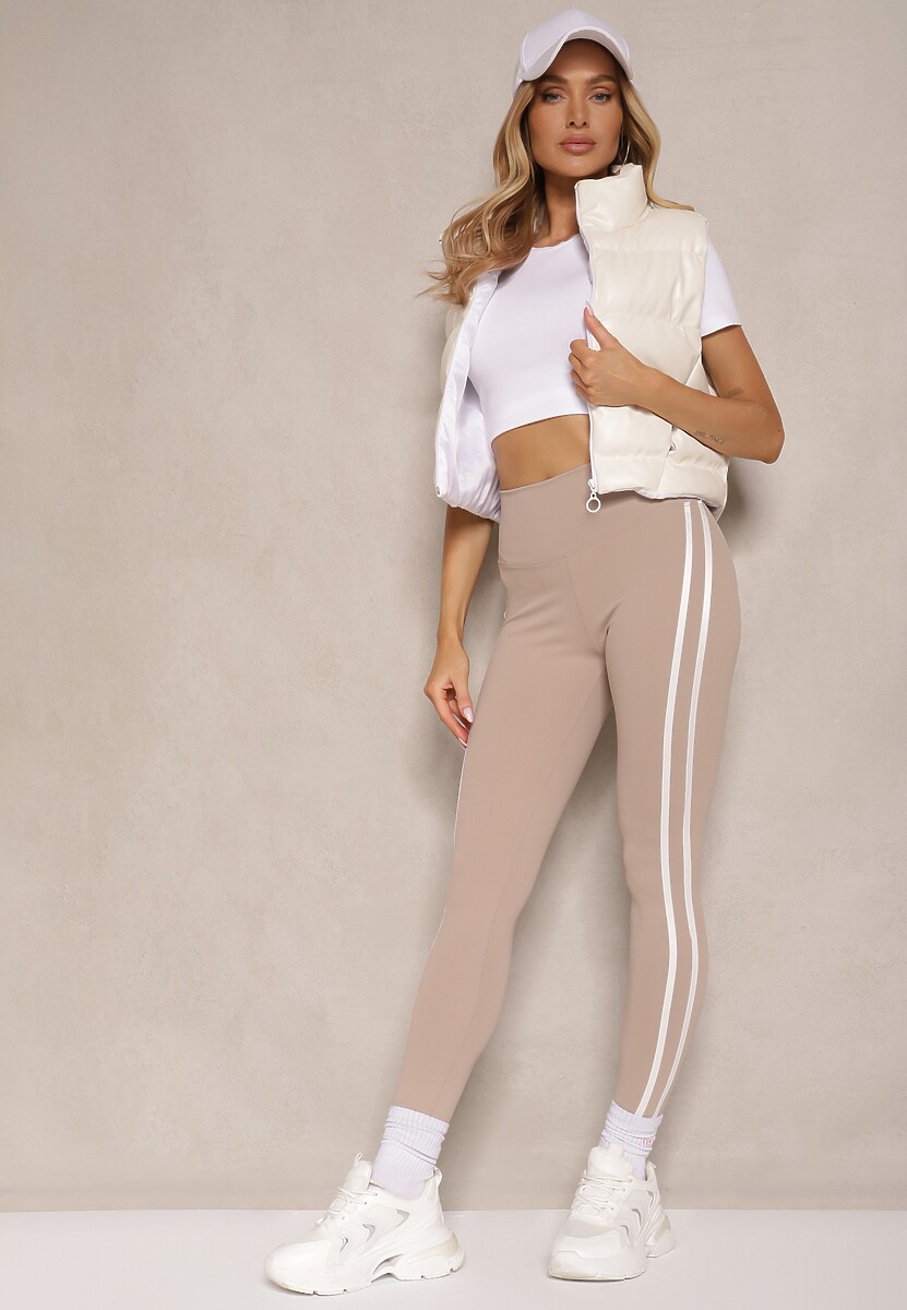 Beżowe Legginsy High Waist z Push-Upem z Elastycznego Materiału z Lampasami Ateria 1