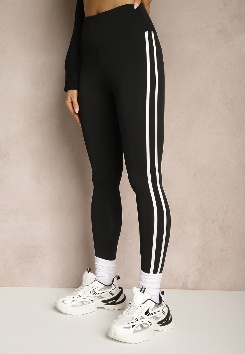Czarne Legginsy High Waist z Push-Upem z Elastycznego Materiału z Lampasami Ateria 3