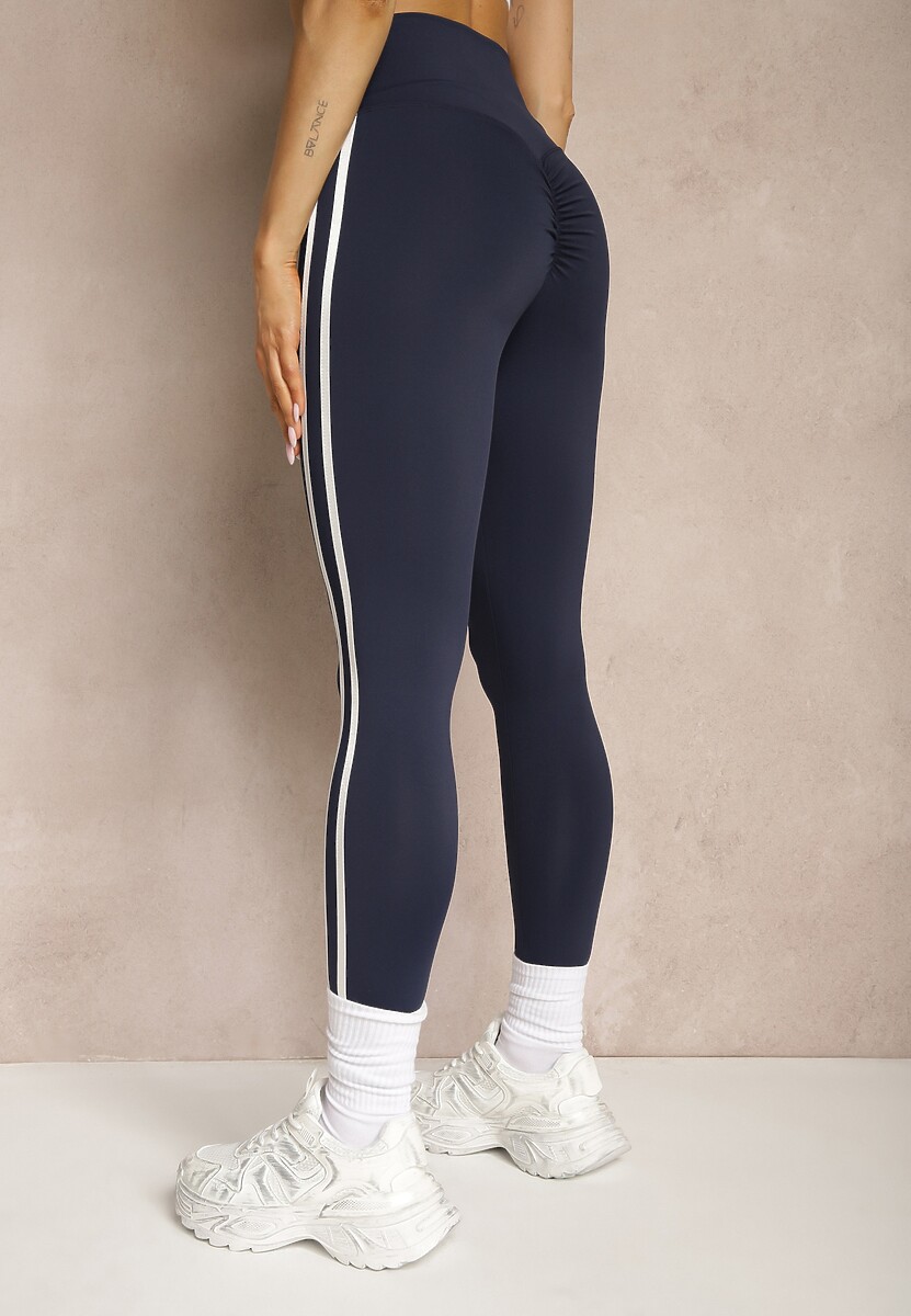Granatowe Legginsy High Waist z Push-Upem z Elastycznego Materiału z Lampasami Ateria 3