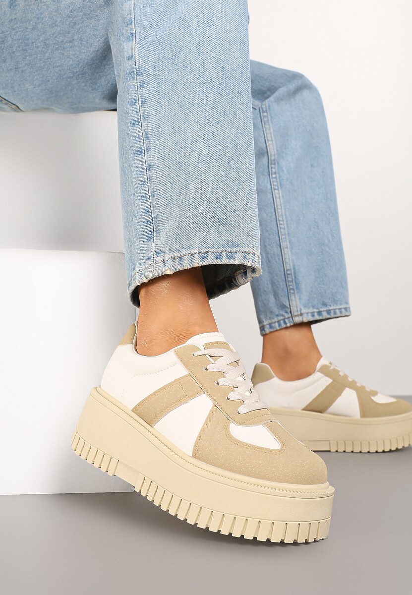 Ciemnobeżowe Sneakersy Typu Tenisówki na Żłobionej Platformie Lorreia 1