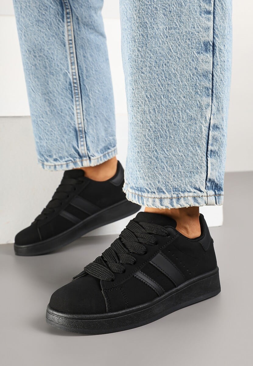 Czarne Sneakersy na Niskiej Platformie z Naszywkami Flordexia 1