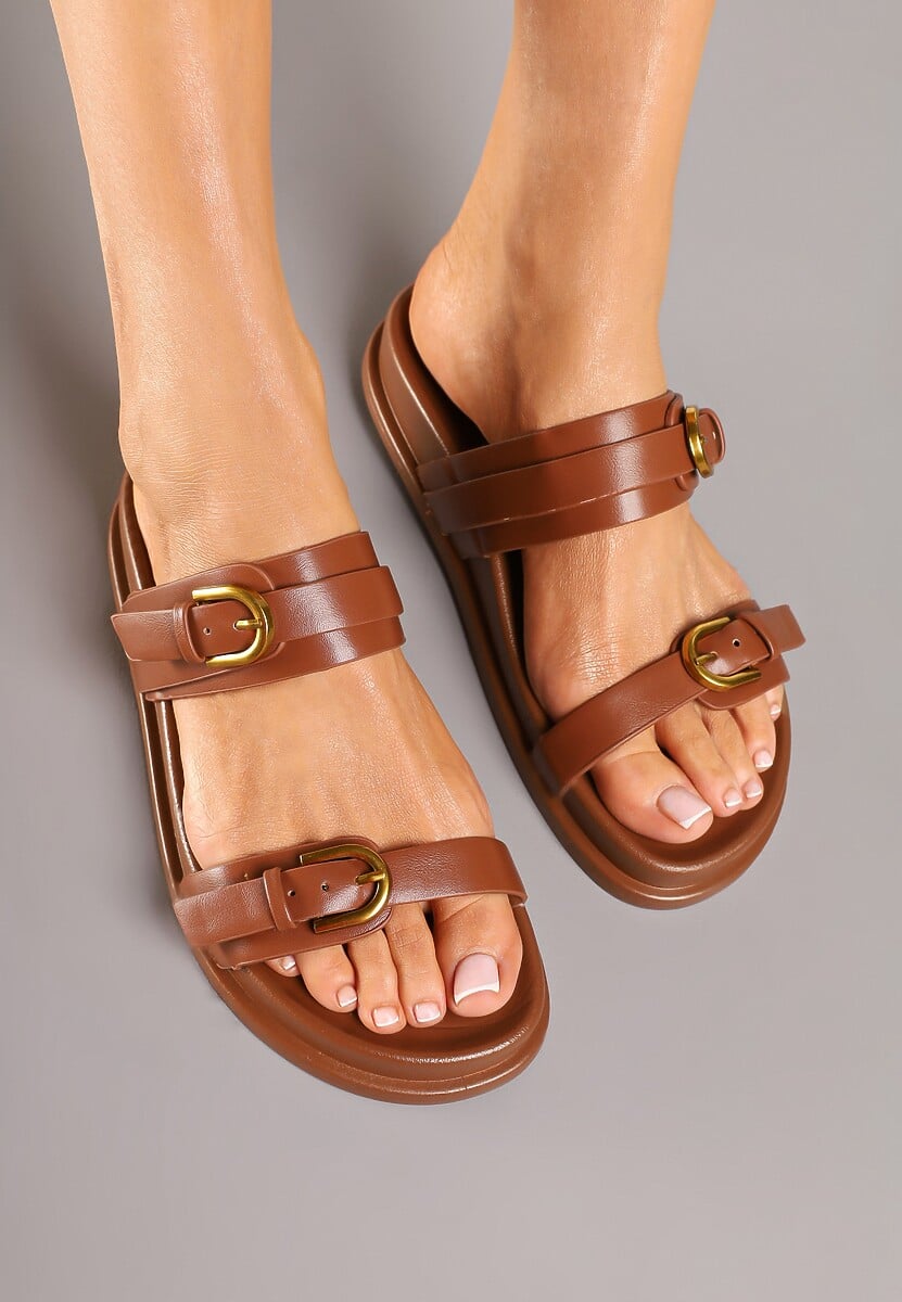 Brązowe Klapki z Dwoma Paskami i Klamrami Tatereia 3