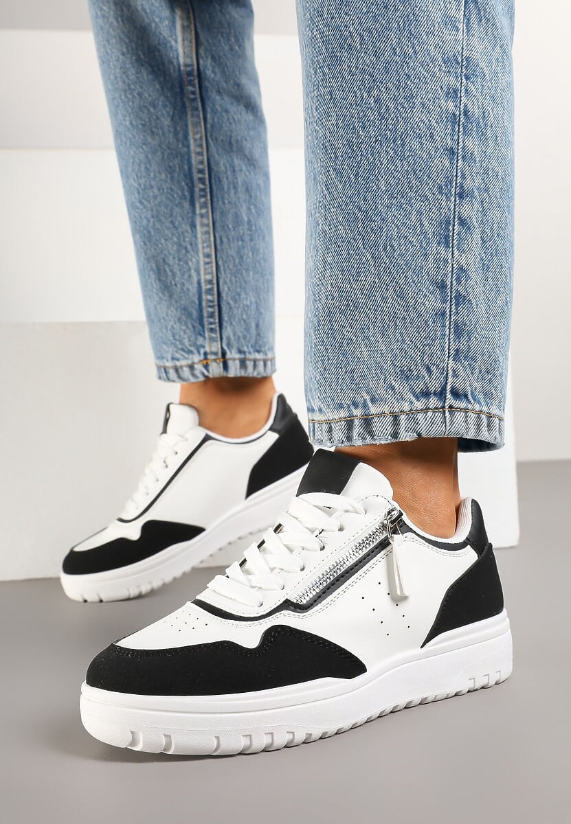 Biało-Czarne Sneakersy przed Kostkę z Perforacją i Suwakiem na Cholewce Valinorti 1
