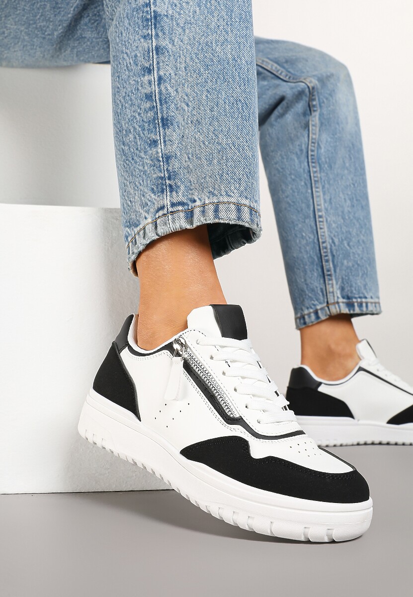 Biało-Czarne Sneakersy przed Kostkę z Perforacją i Suwakiem na Cholewce Valinorti 2