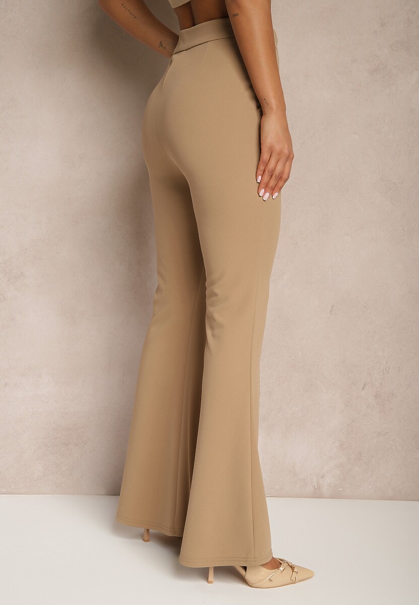 Ciemnobeżowe Spodnie High Waist Dzwony z Wiskozą Blazza 3