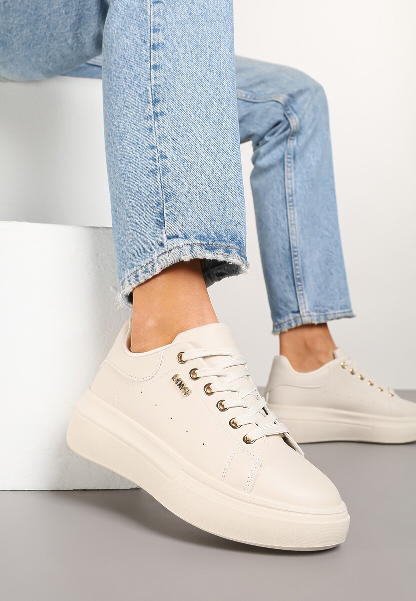 Beżowe Sneakersy na Niskim Koturnie Zdobione Metalicznymi Wstawkami Alirisa 1