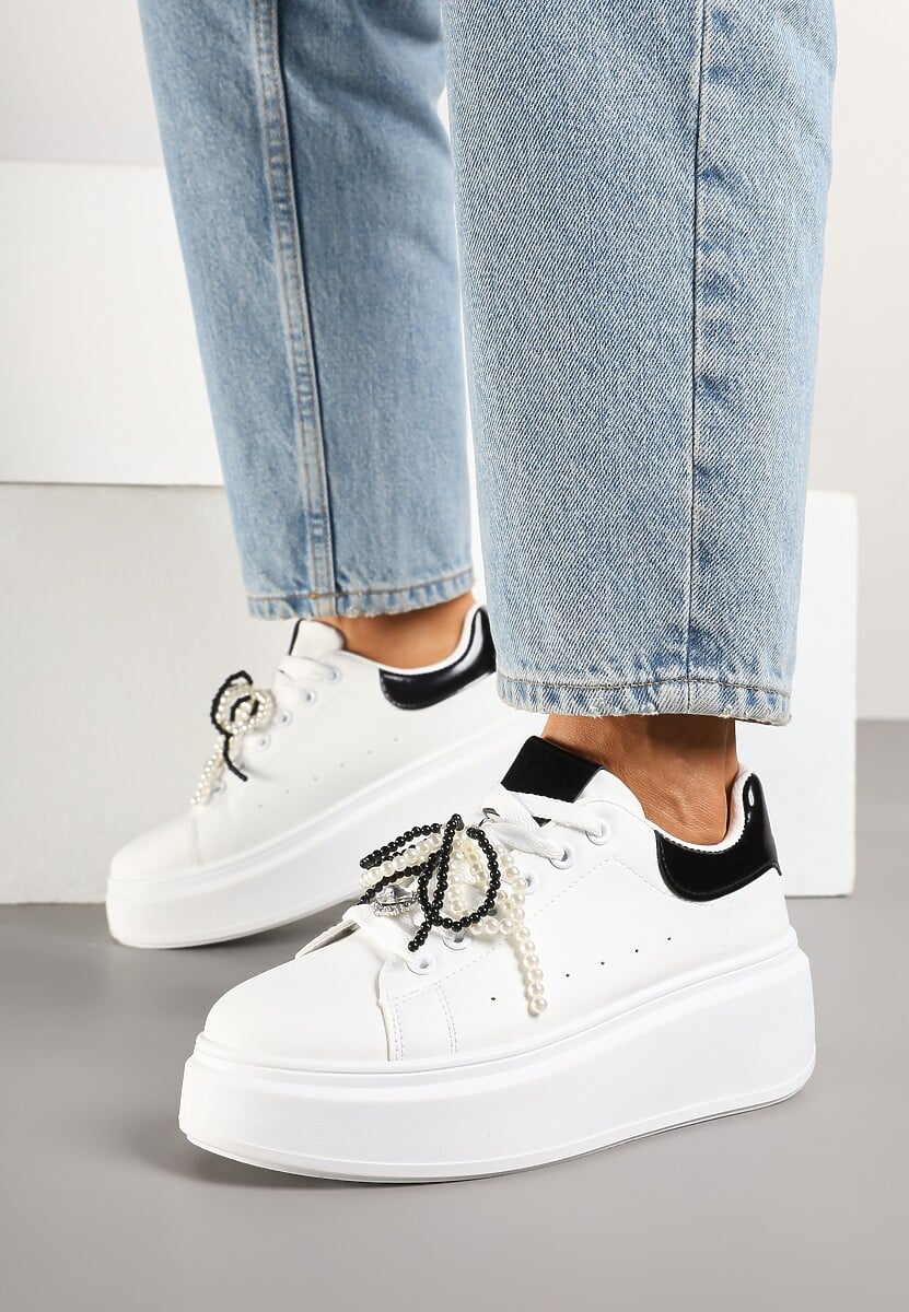Biało-Czarne Sneakersy na Platformie z Perełkami Przy Sznurowadłach Ulianori 1