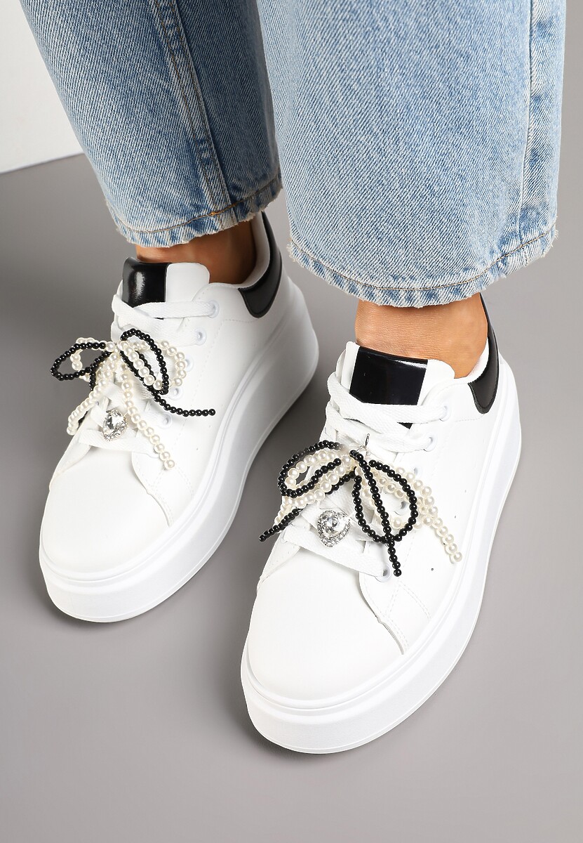 Biało-Czarne Sneakersy na Platformie z Perełkami Przy Sznurowadłach Ulianori 3