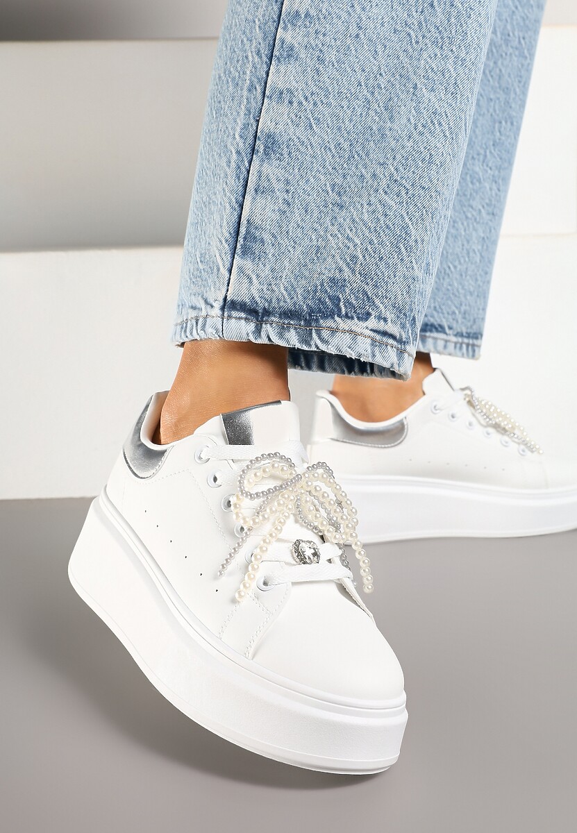 Biało-Srebrne Sneakersy na Platformie z Perełkami Przy Sznurowadłach Ulianori 3