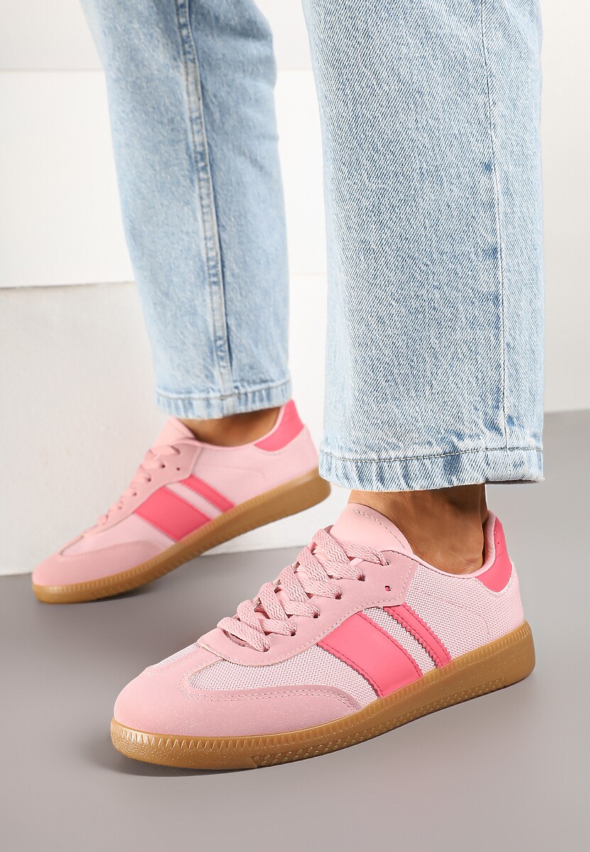 Różowe Sneakersy na Kauczukowej Podeszwie Ozdobione Paskami Emidi 2