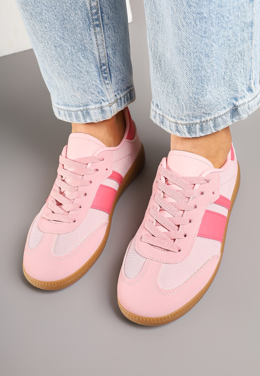 Różowe Sneakersy na Kauczukowej Podeszwie Ozdobione Paskami Emidi 3
