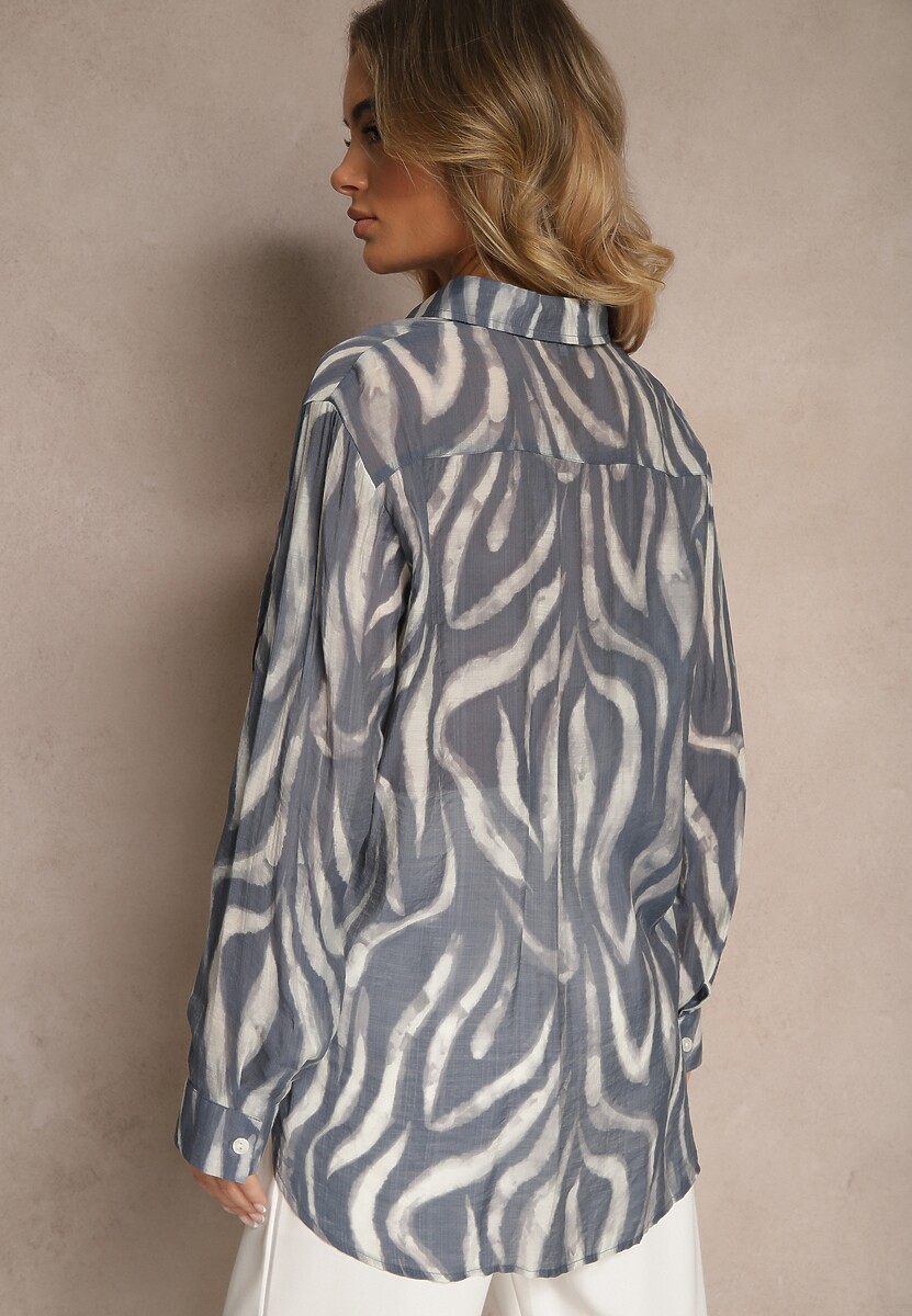Niebieska Transparentna Koszula z Wiskozy o Klasycznym Kroju w Print Zebra Covianne 3