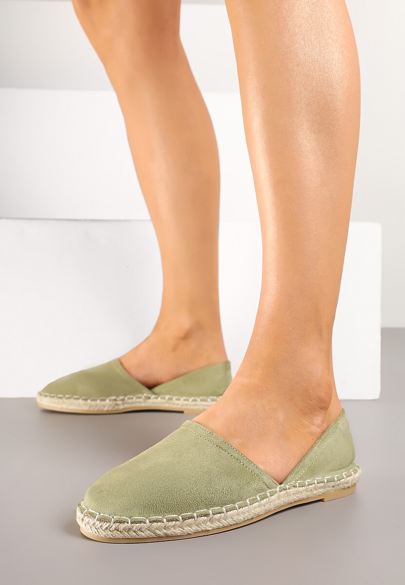 Zielone Espadryle  Ozdobione Wyciętą Cholewką i Plecionką Wommea 2