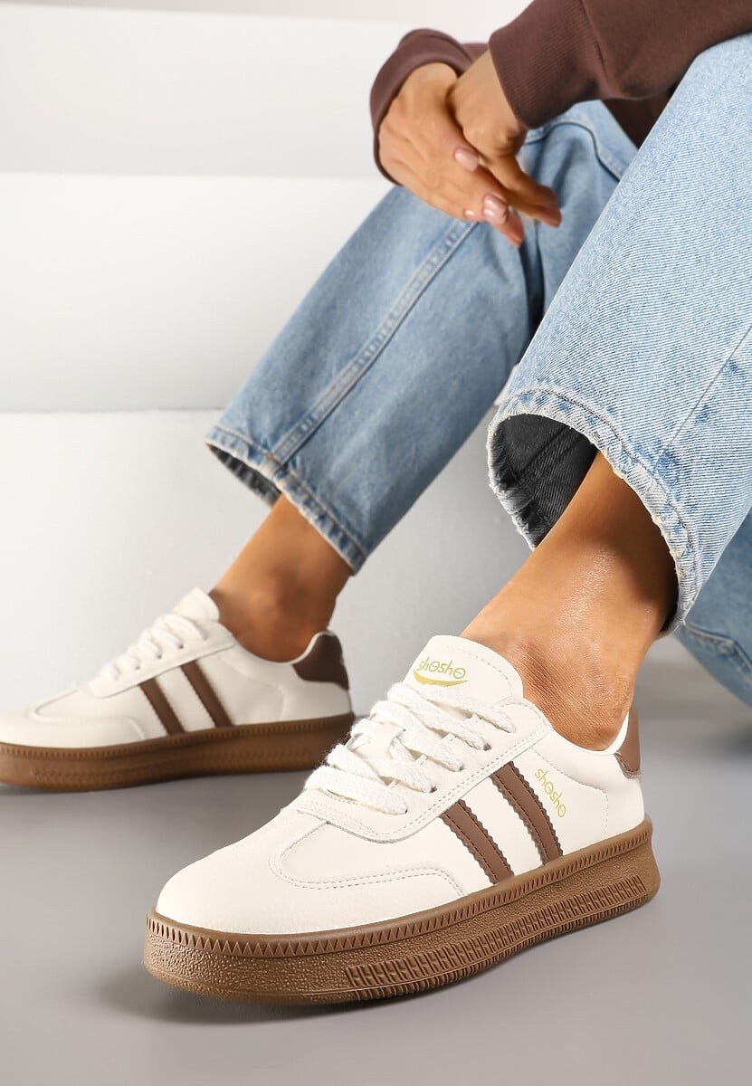 Beżowo-Brązowe Sneakersy Sportowe z Ozdobnymi Paskami i Przeszyciami Wenilan 1